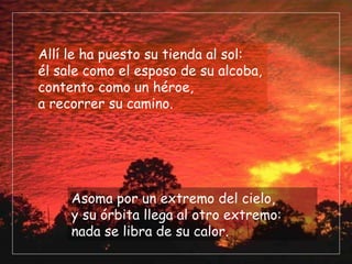Allí le ha puesto su tienda al sol: él sale como el esposo de su alcoba, contento como un héroe,  a recorrer su camino. Asoma por un extremo del cielo, y su órbita llega al otro extremo: nada se libra de su calor. 