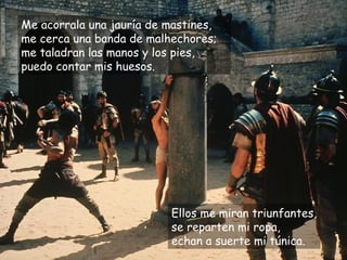 Me acorrala una jauría de mastines,
me cerca una banda de malhechores;
me taladran las manos y los pies,
puedo contar mis huesos.
Ellos me miran triunfantes,
se reparten mi ropa,
echan a suerte mi túnica.
 