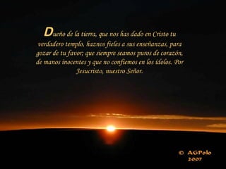 Dueño de la tierra, que nos has dado en Cristo tu
verdadero templo, haznos fieles a sus enseñanzas, para
gozar de tu favor; que siempre seamos puros de corazón,
de manos inocentes y que no confiemos en los ídolos. Por
Jesucristo, nuestro Señor.
 