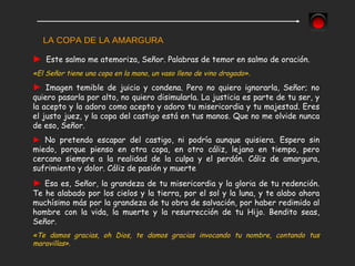 LA COPA DE LA AMARGURA   ►  Este salmo me atemoriza, Señor. Palabras de temor en salmo de oración. «El Señor tiene una copa en la mano, un vaso lleno de vino drogado». ►   Imagen temible de juicio y condena. Pero no quiero ignorarla, Señor; no quiero pasarla por alto, no quiero disimularla. La justicia es parte de tu ser, y la acepto y la adoro como acepto y adoro tu misericordia y tu majestad. Eres el justo juez, y la copa del castigo está en tus manos. Que no me olvide nunca de eso, Señor. ►   No pretendo escapar del castigo, ni podría aunque quisiera. Espero sin miedo, porque pienso en otra copa, en otro cáliz, lejano en tiempo, pero cercano siempre a la realidad de la culpa y el perdón. Cáliz de amargura, sufrimiento y dolor. Cáliz de pasión y muerte ►   Esa es, Señor, la grandeza de tu misericordia y la gloria de tu redención. Te he alabado por los cielos y la tierra, por el sol y la luna, y te alabo ahora muchísimo más por la grandeza de tu obra de salvación, por haber redimido al hombre con la vida, la muerte y la resurrección de tu Hijo. Bendito seas, Señor. «Te damos gracias, oh Dios, te damos gracias invocando tu nombre, contando tus maravillas». 