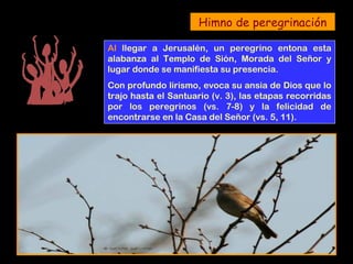 Himno de peregrinación
Al llegar a Jerusalén, un peregrino entona esta
alabanza al Templo de Sión, Morada del Señor y
lugar donde se manifiesta su presencia.
Con profundo lirismo, evoca su ansia de Dios que lo
trajo hasta el Santuario (v. 3), las etapas recorridas
por los peregrinos (vs. 7-8) y la felicidad de
encontrarse en la Casa del Señor (vs. 5, 11).
 