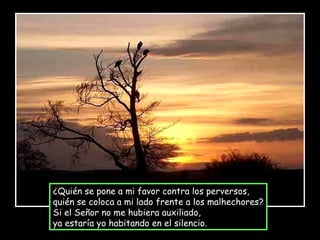 ¿Quién se pone a mi favor contra los perversos, quién se coloca a mi lado frente a los malhechores? Si el Señor no me hubiera auxiliado, ya estaría yo habitando en el silencio. 