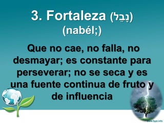 3. Fortaleza (‫ל‬ֵ‫ב‬ָׁ‫נ‬)
(nabél;)
Que no cae, no falla, no
desmayar; es constante para
perseverar; no se seca y es
una fuente continua de fruto y
de influencia
 