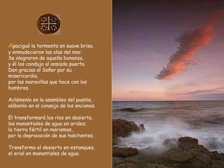 A paciguó la tormenta en suave brisa, y enmudecieron las olas del mar. Se alegraron de aquella bonanza, y él los condujo al ansiado puerto. Den gracias al Señor por su misericordia, por las maravillas que hace con los hombres. Aclámenlo en la asamblea del pueblo, alábenlo en el consejo de los ancianos. El transformará los ríos en desierto, los manantiales de agua en aridez; la tierra fértil en marismas, por la depravación de sus habitantes. Transforma el desierto en estanques, el erial en manantiales de agua. 
