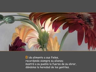 El da alimento a sus fieles,
recordando siempre su alianza;
mostró a su pueblo la fuerza de su obrar,
dándoles la heredad de los gentiles.
 