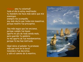 ¡Cuánto  amo tu voluntad!: todo el día la estoy meditando; tu mandato me hace más sabio que mis enemigos, siempre me acompaña; soy más docto que todos mis maestros, porque medito tus preceptos. Soy más sagaz que los ancianos, porque cumplo tus leyes; aparto mi pie de toda senda mala, para guardar tu palabra; no me aparto de tus mandamientos, porque tú me has instruido. ¡Qué dulce al paladar tu promesa: más que miel en la boca! Considero tus decretos, y odio el camino de la mentira. 