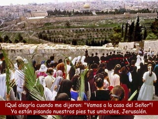 ¡Qué alegría cuando me dijeron: "Vamos a la casa del Señor"! Ya están pisando nuestros pies tus umbrales, Jerusalén. 