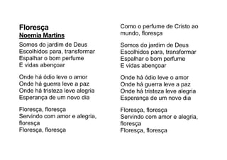 Floresça
Noemia Martins
Somos do jardim de Deus
Escolhidos para, transformar
Espalhar o bom perfume
E vidas abençoar
Onde há ódio leve o amor
Onde há guerra leve a paz
Onde há tristeza leve alegria
Esperança de um novo dia
Floresça, floresça
Servindo com amor e alegria,
floresça
Floresça, floresça
Como o perfume de Cristo ao
mundo, floresça
Somos do jardim de Deus
Escolhidos para, transformar
Espalhar o bom perfume
E vidas abençoar
Onde há ódio leve o amor
Onde há guerra leve a paz
Onde há tristeza leve alegria
Esperança de um novo dia
Floresça, floresça
Servindo com amor e alegria,
floresça
Floresça, floresça
 