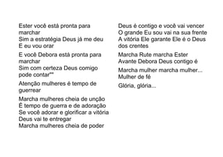 Ester você está pronta para
marchar
Sim a estratégia Deus já me deu
E eu vou orar
E você Debora está pronta para
marchar
Sim com certeza Deus comigo
pode contar""
Atenção mulheres é tempo de
guerrear
Marcha mulheres cheia de unção
É tempo de guerra e de adoração
Se você adorar e glorificar a vitória
Deus vai te entregar
Marcha mulheres cheia de poder
Deus é contigo e você vai vencer
O grande Eu sou vai na sua frente
A vitória Ele garante Ele é o Deus
dos crentes
Marcha Rute marcha Ester
Avante Debora Deus contigo é
Marcha mulher marcha mulher...
Mulher de fé
Glória, glória...
 