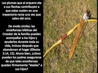 Las plumas que el arquero ata a sus flechas contribuyen a que estas vuelen en una trayectoria recta una vez que salen del arco.De modo similar, las enseñanzas bíblicas del Creador de la familia pueden acompañar a los hijos y ayudarlos durante toda su vida, incluso después que abandonan el hogar (Efesios 3:14, 15). Ahora bien, ¿cómo pueden los padres asegurarse de que tales enseñanzas queden firmemente “atadas” a sus hijos?