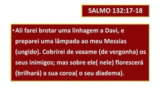 SALMO 132:17-18
•Ali farei brotar uma linhagem a Davi, e
preparei uma lâmpada ao meu Messias
(ungido). Cobrirei de vexame (de vergonha) os
seus inimigos; mas sobre ele( nele) florescerá
(brilhará) a sua coroa( o seu diadema).
 