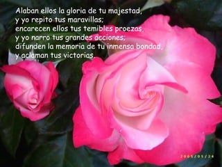 Alaban ellos la gloria de tu majestad,
y yo repito tus maravillas;
encarecen ellos tus temibles proezas,
y yo narro tus grandes acciones;
difunden la memoria de tu inmensa bondad,
y aclaman tus victorias.
 