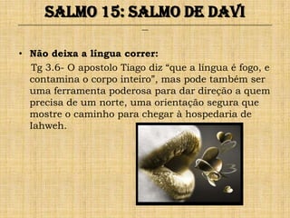 Salmo 15: Salmo de Davi
______________________________________________________________________________________________________________________________
                                                              ___




• Não deixa a língua correr:
  Tg 3.6- O apostolo Tiago diz “que a língua é fogo, e
  contamina o corpo inteiro”, mas pode também ser
  uma ferramenta poderosa para dar direção a quem
  precisa de um norte, uma orientação segura que
  mostre o caminho para chegar à hospedaria de
  Iahweh.
 