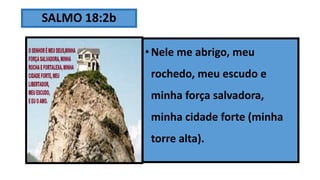 SALMO 18:2b
•Nele me abrigo, meu
rochedo, meu escudo e
minha força salvadora,
minha cidade forte (minha
torre alta).
 