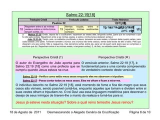 Salmo 22:19[18]
Tradução Cristã Tradução Judaica Texto Hebraico
Psalms 22 ʡ ʤʺʫʭʩʬʩ
18
Repartem entre si as minhas
vestes,e sobre a minha túnica
lançam sortes. (ii)
19
Minhas roupas, entre si
repartem, minhas vestimentas
sorteiam.
ˇ ˘ʑ˒ʡʍʚ ʔʲʍʥʓʤʕʔʣʕʢʍʡ˒ʷʍ ʔʧʍʩ ʬ ʬ ʭ ʬʩ ʩ
˝ʟ ʕʸ ˣʢ˒ ʑʔʬ ʬʩʩ
ʨʩ
(i) Mateus 27:35: Então, depois de o crucificarem, repartiram as vestes dele, lançando sortes, {para que se cumprisse o que
foi dito pelo profeta: Repartiram entre si as minhas vestes, e sobre a minha túnica deitaram sortes.}
João 19:23-24: Tendo, pois, os soldados crucificado a Jesus, tomaram as suas vestes, e fizeram delas quatro partes, para
cada soldado uma parte. Tomaram também a túnica; ora a túnica não tinha costura, sendo toda tecida de alto a baixo. Pelo que
disseram uns aos outros: Não a rasguemos, mas lancemos sortes sobre ela, para ver de quem será {para que se cumprisse a
escritura que diz: Repartiram entre si as minhas vestes, e lançaram sortes}. E, de fato, os soldados assim fizeram.
Perspectiva Cristã (†) Perspectiva Cristã ()
O autor do Evangelho de João aponta para
Salmo 22:19 [18] como uma profecia que se
cumpriu quando Jesus estava na cruz.
O versículo anterior, Salmo 22:18 [17], é
fundamental para a uma correta compreensão
do verdadeiro contexto deste versículo:
O indivíduo descrito no Salmo 22:19 [18], está morrendo de fome e fica tão magro que seus
ossos são visíveis, sendo possível contá-los, enquanto aqueles que tomam e dividem entre si
suas vestes olham e tripudiam-no. O rei Davi usa essa linguagem metafórica para descrever o
desejo de seus inimigos de tirarem-lhe o manto da realeza e torná-los para si.
Jesus já esteve nesta situação? Sobre a qual reino terrestre Jesus reinou?
Salmo 22:18 - Verifico como estão meus ossos enquanto eles me observam e tripudiam.
Salmo 22:17 - Posso contar todos os meus ossos. Eles me olham e ficam a mirar-me.
18 de Agosto de 2011 Desmascarando o Alegado Cenário da Crucificação Página 8 de 10
 