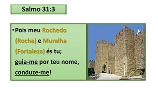Salmo 31:3
•Pois meu Rochedo
(Rocha) e Muralha
(Fortaleza) és tu;
guia-me por teu nome,
conduze-me!
 