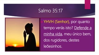 Salmo 35:17
YHVH (Senhor), por quanto
tempo verás isto? Defende a
minha vida, meu único bem,
dos rugidores, destes
leõesinhos.
 
