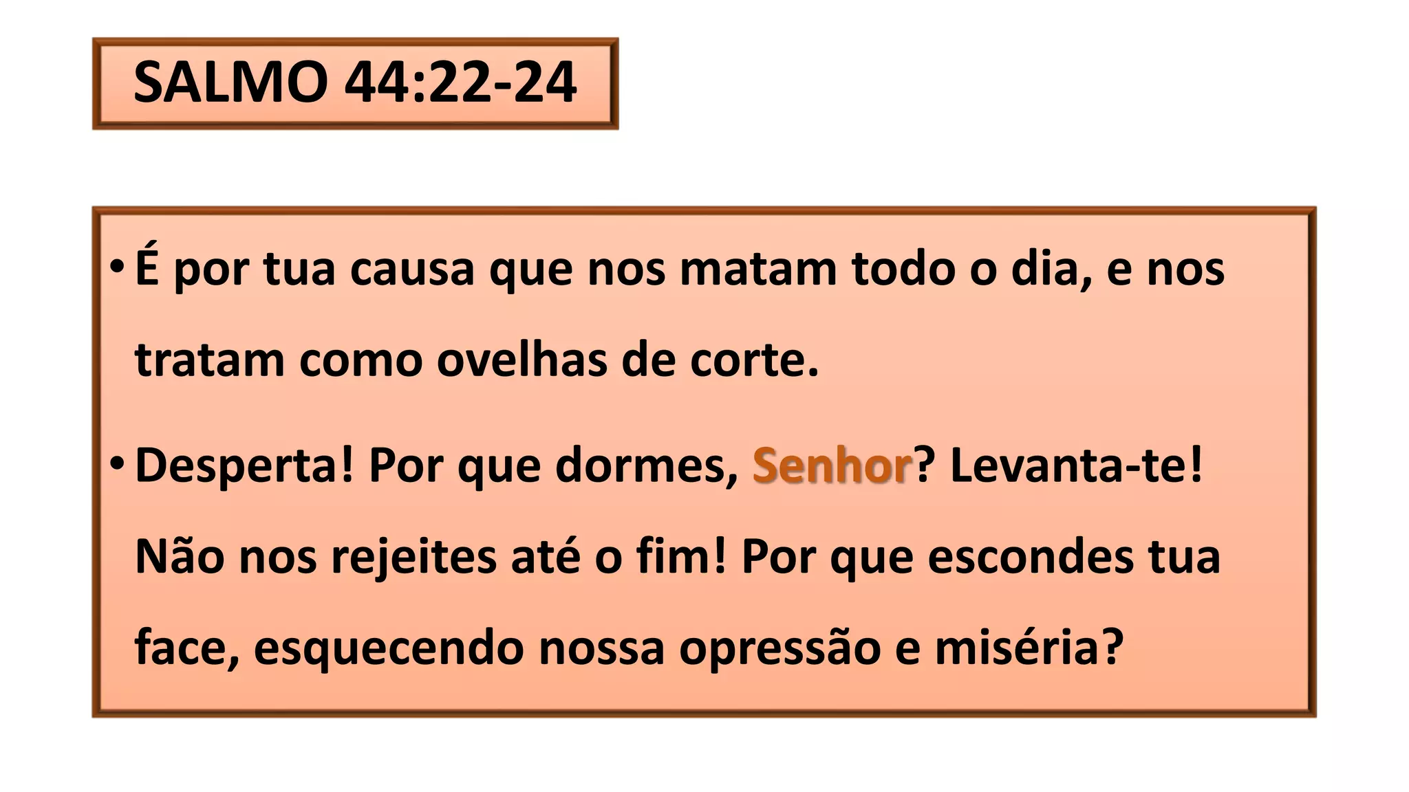 SALMO 44:22-24
•É por tua causa que nos matam todo o dia, e nos
tratam como ovelhas de corte.
•Desperta! Por que dormes, Senhor? Levanta-te!
Não nos rejeites até o fim! Por que escondes tua
face, esquecendo nossa opressão e miséria?
 