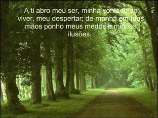 A ti abro meu ser, minha vontade de
viver, meu despertar; de manhã em tuas
mãos ponho meus medos e minhas
ilusões.
 