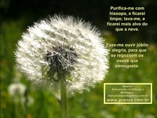 Purifica-me comPurifica-me com
hissopo, e ficareihissopo, e ficarei
limpo; lava-me, elimpo; lava-me, e
ficarei mais alvo doficarei mais alvo do
que a neve.que a neve.
Faze-me ouvir júbiloFaze-me ouvir júbilo
e alegria, para quee alegria, para que
se regozijem osse regozijem os
ossos queossos que
esmagaste.esmagaste.
Música :Música :
Schumman - Childhood_ISchumman - Childhood_I
Montagem :Montagem :
maricarusocunha@terra.com.brmaricarusocunha@terra.com.br
www.pranos.com.brwww.pranos.com.br
 