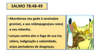 SALMO 78:48-49
• Abandonou seu gado à saraiva(ao
granizo), e aos relâmpagos(aos raios)
o seu rebanho.
• Lançou contra eles o fogo de sua ira;
cólera, indignação e calamidade,
anjos portadores de desgraças;
 
