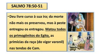 SALMO 78:50-51
•Deu livre curso à sua ira; da morte
não mais os preservou, mas à peste
entregou os entregou. Matou todos
os primogênitos do Egito, as
primícias da raça (do vigor varonil)
nas tendas de Cam.
 