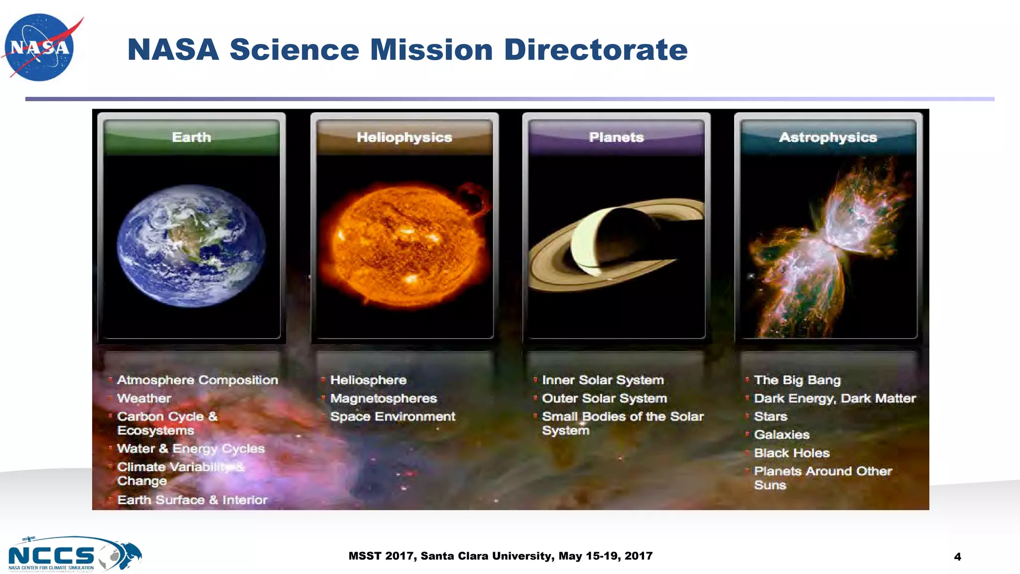MSST 2017, Santa Clara University, May 15-19, 2017
NASA Science Mission Directorate
4
 