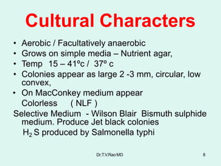 Cultural Characters
Dr.T.V.RaoMD 8
• Aerobic / Facultatively anaerobic
• Grows on simple media – Nutrient agar,
• Temp 15 – 41ºc / 37º c
• Colonies appear as large 2 -3 mm, circular, low
convex,
• On MacConkey medium appear
Colorless ( NLF )
Selective Medium - Wilson Blair Bismuth sulphide
medium. Produce Jet black colonies
H2 S produced by Salmonella typhi
 