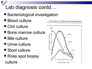 Lab diagnosis contd…
 Bacteriological investigation
 Blood culture
 Clot culture
 Bone marrow culture
 Bile culture
 Urine culture
 Stool culture
 Rose spot biopsy
culture
 