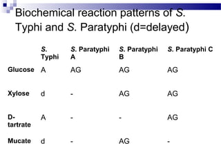 Biochemical reaction patterns of S.
Typhi and S. Paratyphi (d=delayed)
S.
Typhi
S. Paratyphi
A
S. Paratyphi
B
S. Paratyphi C
Glucose A AG AG AG
Xylose d - AG AG
D-
tartrate
A - - AG
Mucate d - AG -
 