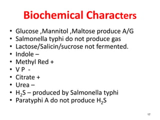 Biochemical Characters
• Glucose ,Mannitol ,Maltose produce A/G
• Salmonella typhi do not produce gas
• Lactose/Salicin/sucrose not fermented.
• Indole –
• Methyl Red +
• V P -
• Citrate +
• Urea –
• H2S – produced by Salmonella typhi
• Paratyphi A do not produce H2S
17
 