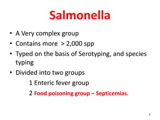 Salmonella
• A Very complex group
• Contains more > 2,000 spp
• Typed on the basis of Serotyping, and species
typing
• Divided into two groups
1 Enteric fever group
2 Food poisoning group – Septicemias.
3
 