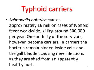Typhoid carriers
• Salmonella enterica causes
approximately 16 million cases of typhoid
fever worldwide, killing around 500,000
per year. One in thirty of the survivors,
however, become carriers. In carriers the
bacteria remain hidden inside cells and
the gall bladder, causing new infections
as they are shed from an apparently
healthy host. 47
 