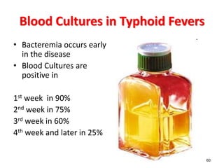 Blood Cultures in Typhoid Fevers
• Bacteremia occurs early
in the disease
• Blood Cultures are
positive in
1st week in 90%
2nd week in 75%
3rd week in 60%
4th week and later in 25%
60
 