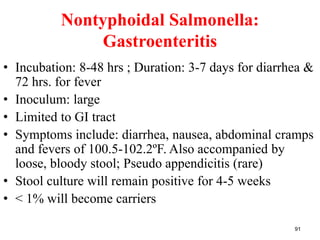 Nontyphoidal Salmonella:
Gastroenteritis
• Incubation: 8-48 hrs ; Duration: 3-7 days for diarrhea &
72 hrs. for fever
• Inoculum: large
• Limited to GI tract
• Symptoms include: diarrhea, nausea, abdominal cramps
and fevers of 100.5-102.2ºF. Also accompanied by
loose, bloody stool; Pseudo appendicitis (rare)
• Stool culture will remain positive for 4-5 weeks
• < 1% will become carriers
91
 