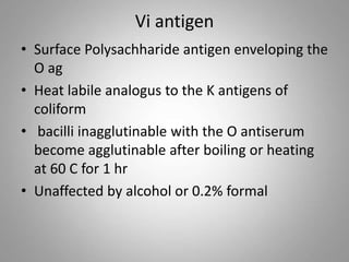Vi antigen
• Surface Polysachharide antigen enveloping the
O ag
• Heat labile analogus to the K antigens of
coliform
• bacilli inagglutinable with the O antiserum
become agglutinable after boiling or heating
at 60 C for 1 hr
• Unaffected by alcohol or 0.2% formal
 