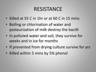 RESISTANCE
• Killed at 55 C in 1hr or at 60 C in 15 mins
• Boiling or chlorination of water and
pasteurization of milk destroy the bacilli
• In polluted water and soil, they survive for
weeks and in ice for months
• If prevented from drying culture survive for yrs
• Killed within 5 mins by 5% phenol
 