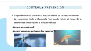 CONTROL Y PREVENCIÓN
• Se puede controlar preparando adecuadamente las carnes y los huevos.
• La vacunación frente a Samonella typhi puede reducir el riesgo de la
enfermedad en los viajeros a áreas endémicas
- Vacuna atenuada oral.
- Vacuna basada en polisacaridos capsular Vi.
 