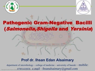 Pathogenic Gram-Negative Bacilli
(Salmonella,Shigella and Yersinia)
Prof dr. Ihsan Edan Alsaimary
department of microbiology – college of medicine – university of basrah – mobile:
07801410838 e.mail : ihsanalsaimary@gmail.com
 