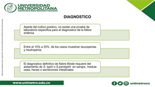 DIAGNOSTICO
Aparte del cultivo positivo, no existe una prueba de
laboratorio especifica para el diagnostico de la fiebre
entérica.
Entre el 15% a 25% de los casos muestran leucopenias
y neutropenia.
El diagnostico definitivo de fiebre tifoide requiere del
aislamiento de S. typhi o S.paratyphi en sangre, medula
osea, heces o secreciones intestinales.
 