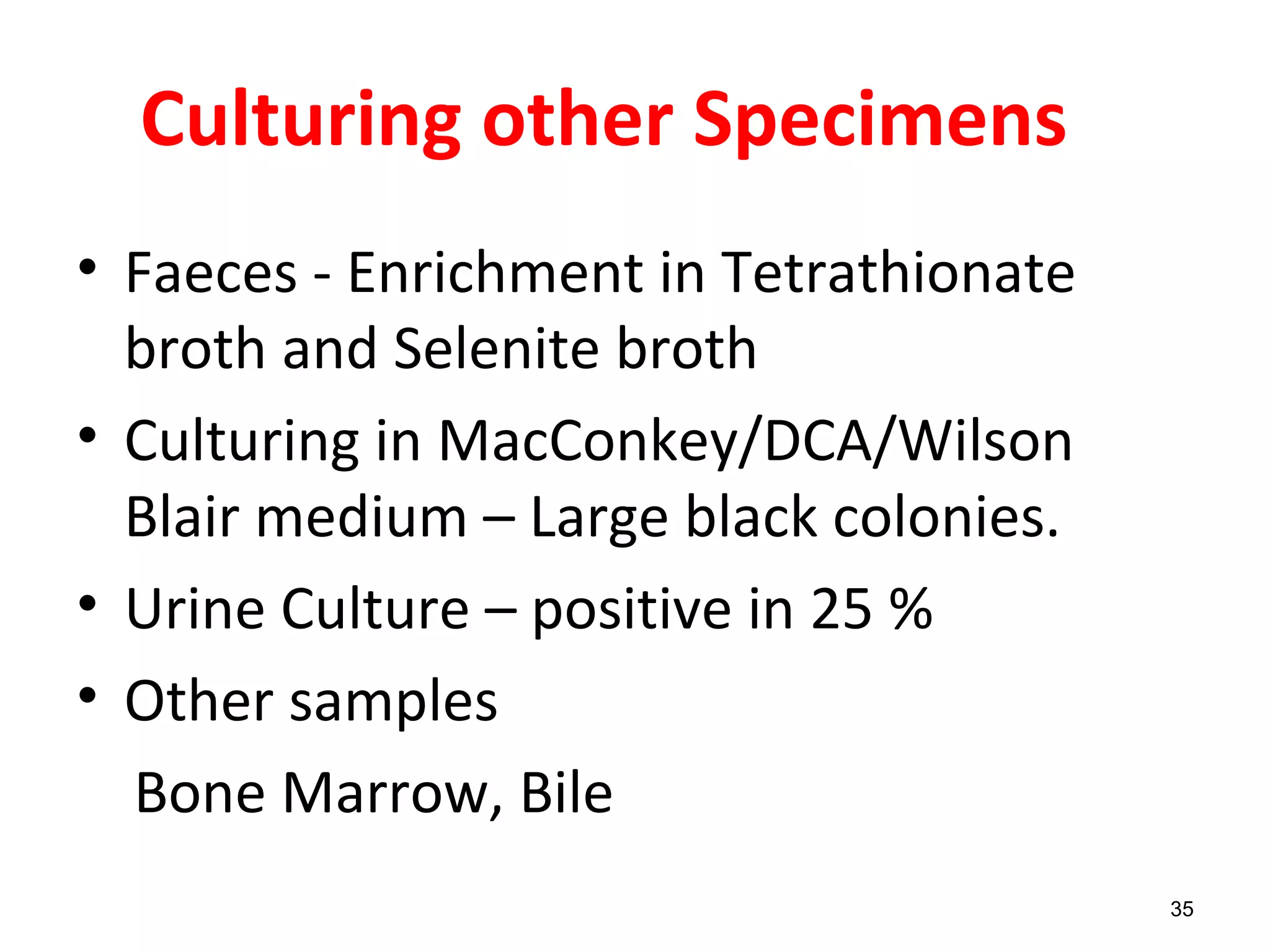 Culturing other Specimens
• Faeces - Enrichment in Tetrathionate
broth and Selenite broth
• Culturing in MacConkey/DCA/Wilson
Blair medium – Large black colonies.
• Urine Culture – positive in 25 %
• Other samples
Bone Marrow, Bile
35
 