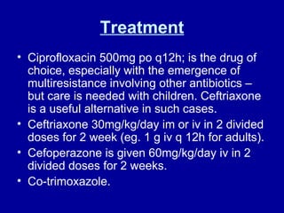 Treatment Ciprofloxacin 500mg po q12h; is the drug of choice, especially with the emergence of multiresistance involving other antibiotics – but care is needed with children. Ceftriaxone is a useful alternative in such cases.  Ceftriaxone 30mg/kg/day im or iv in 2 divided doses for 2 week (eg. 1 g iv q 12h for adults). Cefoperazone is given 60mg/kg/day iv in 2 divided doses for 2 weeks. Co-trimoxazole. 