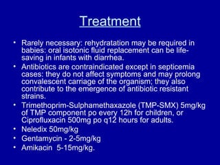 Treatment Rarely necessary: rehydratation may be required in babies: oral isotonic fluid replacement can be life-saving in infants with diarrhea.  Antibiotics are contraindicated except in septicemia cases: they do not affect symptoms and may prolong convalescent carriage of the organism; they also contribute to the emergence of antibiotic resistant strains. Trimethoprim-Sulphamethaxazole (TMP-SMX) 5mg/kg of TMP component po every 12h for children, or Ciprofluxacin 500mg po q12 hours for adults. Neledix 50mg/kg Gentamycin - 2-5mg/kg  Amikacin  5-15mg/kg.  
