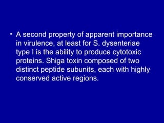 A second property of apparent importance in virulence, at least for S. dysenteriae type I is the ability to produce cytotoxic proteins. Shiga toxin composed of two distinct peptide subunits, each with highly conserved active regions. 