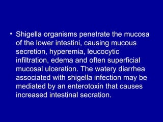 Shigella organisms penetrate the mucosa of the lower intestini, causing mucous secretion, hyperemia, leucocytic infiltration, edema and often superficial mucosal ulceration. The watery diarrhea associated with shigella infection may be mediated by an enterotoxin that causes increased intestinal secration.  