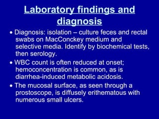 Laboratory findings and diagnosis    Diagnosis: isolation – culture feces and rectal swabs on MacConckey medium and selective media. Identify by biochemical tests, then serology.    WBC count is often reduced at onset; hemoconcentration is common, as is diarrhea-induced metabolic acidosis.     The mucosal surface, as seen through a prostoscope, is diffusely erithematous with numerous small ulcers.  