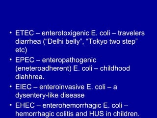 ETEC – enterotoxigenic E. coli – travelers diarrhea (“Delhi belly”, “Tokyo two step” etc) EPEC – enteropathogenic (eneteroadherent) E. coli – childhood diahhrea. EIEC – enteroinvasive E. coli – a dysentery-like disease EHEC – enterohemorrhagic E. coli – hemorrhagic colitis and HUS in children. 