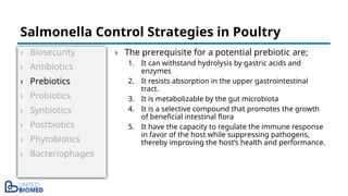 › Biosecurity
› Antibiotics
› Prebiotics
› Probiotics
› Synbiotics
› Postbiotics
› Phytobiotics
› Bacteriophages
› The prerequisite for a potential prebiotic are;
1. It can withstand hydrolysis by gastric acids and
enzymes
2. It resists absorption in the upper gastrointestinal
tract.
3. It is metabolizable by the gut microbiota
4. It is a selective compound that promotes the growth
of beneficial intestinal flora
5. It have the capacity to regulate the immune response
in favor of the host while suppressing pathogens,
thereby improving the host’s health and performance.
Salmonella Control Strategies in Poultry
 