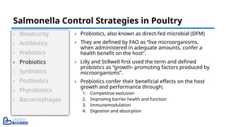› Biosecurity
› Antibiotics
› Prebiotics
› Probiotics
› Synbiotics
› Postbiotics
› Phytobiotics
› Bacteriophages
› Probiotics, also known as direct-fed microbial (DFM)
› They are defined by FAO as “live microorganisms,
when administered in adequate amounts, confer a
health benefit on the host”.
› Lilly and Stillwell first used the term and defined
probiotics as “growth- promoting factors produced by
microorganisms”.
› Probiotics confer their beneficial effects on the host
growth and performance through;
1. Competitive exclusion
2. Improving barrier health and function
3. Immunomodulation
4. Digestion and absorption
Salmonella Control Strategies in Poultry
 