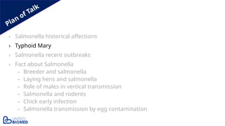 Plan of Talk
› Salmonella historical affections
› Typhoid Mary
› Salmonella recent outbreaks
› Fact about Salmonella
– Breeder and salmonella
– Laying hens and salmonella
– Role of males in vertical transmission
– Salmonella and rodents
– Chick early infection
– Salmonella transmission by egg contamination
 